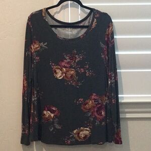 Maurices Grey with burgundy floral, Long Sleeve Blouse, size lg